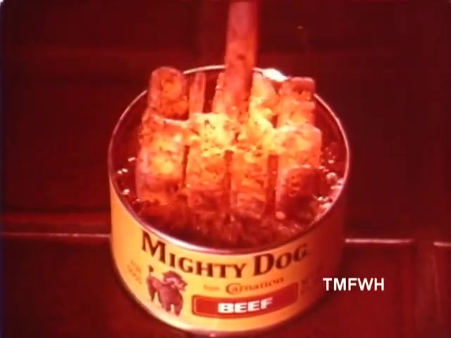 The still from the 'Mighty Dog' commercial features a can of dog food prominently labeled 'Mighty Dog' with a focus on the product's beef flavor. Inside the can, there are rectangular chunks of meat, appearing appetizing and ready for serving. The lighting emphasizes the texture of the food, evoking a sense of freshness and appeal to pet owners. The overall aesthetic reflects 1970s advertising style, with a warm color palette.
