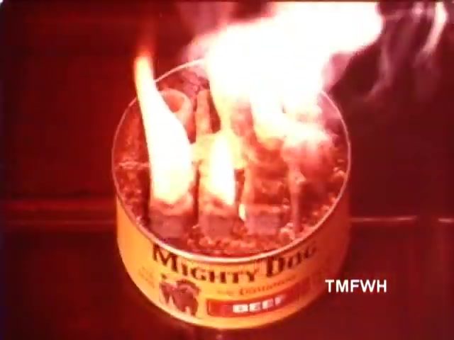 The still features a can of 'Mighty Dog' dog food from the 1970s, prominently displaying its label. Flames are erupting from the contents of the can, suggesting a dramatic or humorous visual effect typical of vintage commercials. The setting is likely a kitchen or indoor area, with an emphasis on the dog food's appeal.