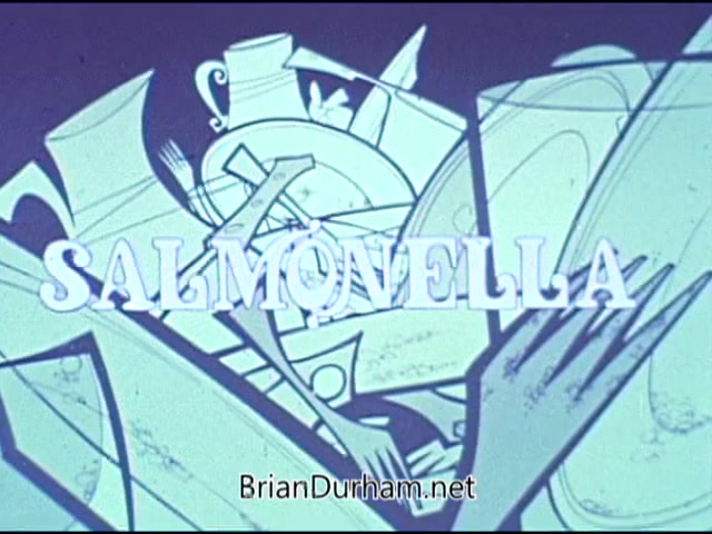 The still features the word 'SALMONELLA' prominently displayed in bold, stylized typography. The background consists of various kitchen-related items, creating a visually chaotic and colorful scene. This piece is likely part of a public service announcement by the American Medical Association from 1969, focusing on food safety and the dangers of salmonella.