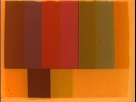 The still features a series of vertical color bars arranged in a grid-like format. The bars are comprised of various shades, including purples, reds, greens, and yellows, creating a visually striking composition. The background has a warm, faded tonal quality. This image appears to serve as a visual test pattern, likely referencing the technical aspects of the WCBS negative.