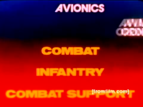 The 16mm still from the 'USMC Aviation Ordnance enlistment film' features a color-corrected graphic that emphasizes various roles in the Marine Corps: 'AVIONICS,' 'COMBAT,' 'INFANTRY,' and 'COMBAT SUPPORT.' The vibrant red and blue background highlights the text, which is likely part of a recruitment segment illustrating the Ordnance Option for enlistees.   The film likely showcases military aircraft, including F-4 Phantoms, AH-1 SuperCobras, FA-18s, and Harriers, with visuals of ordnance being mounted—missiles and bombs—demonstrating the technical and combat support aspects of Marine Corps operations.