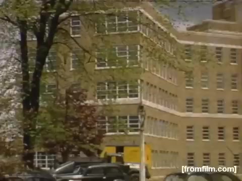 The still features a mid-20th century brick building, characterized by large windows and a simple, industrial architectural style. Surrounding trees display hints of greenery, suggesting a season of growth. Classic cars are parked in the foreground, indicating the era is around the late 1940s to early 1950s, aligning with the film's setting in Rochester and Niagara Falls during that time. The scene captures a nostalgic sense of everyday life in a historical American context.