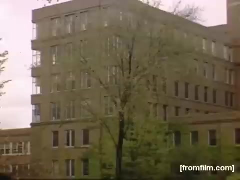 The still depicts a mid-20th century architectural structure, characterized by its brick façade and large windows, set against a backdrop of trees. The scene conveys a sense of urban life in Rochester or Niagara Falls during the late 1940s to early 1950s, highlighting the era's architectural style and surroundings.
