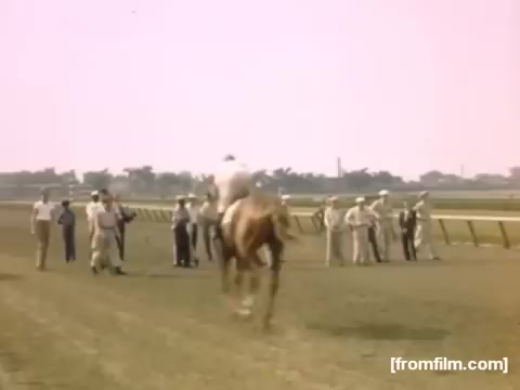 The still from 'Home Movies: Rochester/Niagara Falls 1948-1950' depicts a jockey riding a horse on a racetrack, surrounded by a group of spectators in formal attire. The scene is set outdoors, with a backdrop of trees and a clear sky, conveying a lively atmosphere typical of horse racing events during that era. The colors have a vintage tone, characteristic of 16mm film, adding to its nostalgic feel.