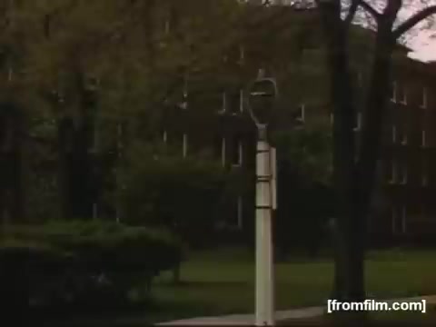The still from 'Home Movies: Rochester/Niagara Falls 1948-1950' depicts a quiet urban setting, with a pole-mounted streetlight indicating a residential area. The background features a large, multi-story building partially obscured by trees, suggesting a suburban atmosphere. The overall muted colors and soft lighting evoke a nostalgic feeling typical of post-war America.