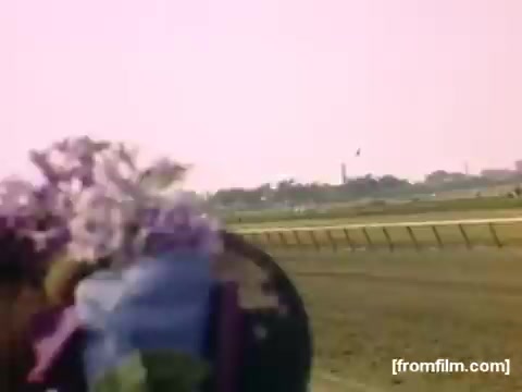 The still depicts a scene from 'Home Movies: Rochester/Niagara Falls 1948-1950,' featuring a horse racing track. In the foreground, a person holds a bouquet of flowers, possibly suggesting a celebratory or festive atmosphere. The background shows an expansive racecourse, typical of mid-20th century Americana, with a pinkish sky that adds a nostalgic tone to the image. The overall composition evokes a sense of leisure and community during that era.