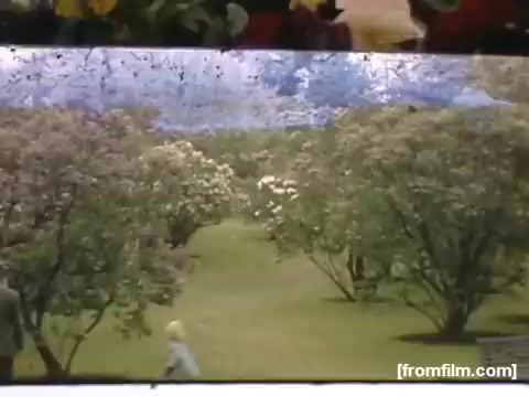 The still features a lush landscape with blooming trees, likely capturing the vibrant scenery of Rochester or Niagara Falls during the late 1940s. A child with blonde hair can be seen playing in the foreground, while an adult figure is slightly visible, suggesting familial activities in a serene, nature-filled setting. The overall tone conveys a nostalgic, tranquil atmosphere typical of home movies from that era.