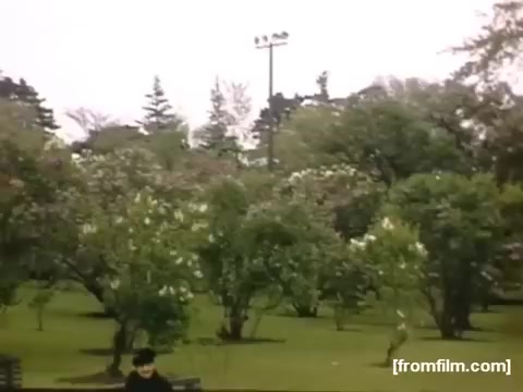 The still depicts a serene park scene, likely from the late 1940s, showcasing blooming trees under a pastel sky. A person, possibly seated on a bench, is visible in the foreground, contributing to the tranquil atmosphere of nature typical of Rochester or Niagara Falls during that era. The composition emphasizes the lush greenery and floral beauty of the surroundings.