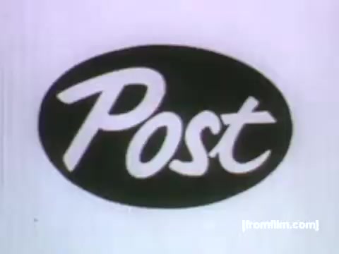 The still features the logo for Post, designed with a retro style typical of the 1950s. The logo is enclosed in an oval shape, with a distinctive handwritten font. The background is a simple, soft color, emphasizing the logo itself. This image reflects the vintage aesthetic of UPA animation, characteristic of that era's advertising visuals.