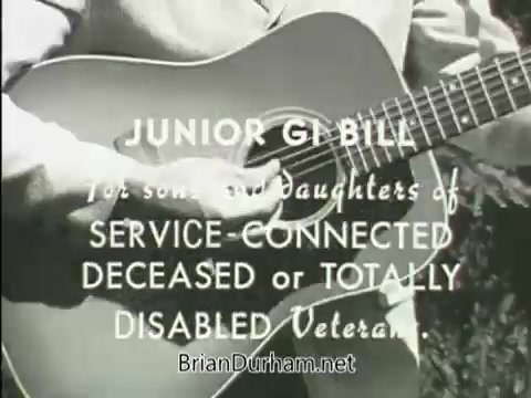 The still features a close-up of a person playing an acoustic guitar, accompanied by text promoting the 'Junior GI Bill.' The text emphasizes that the program is designated for the sons and daughters of service-connected deceased or totally disabled veterans, highlighting educational support for these individuals. The visual and textual elements convey a nostalgic and supportive message.