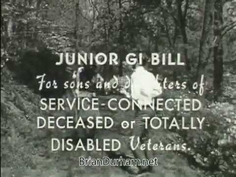 The still features the text 'JUNIOR GI BILL' prominently at the top, followed by the clarification that it is intended for the 'sons and daughters of SERVICE-CONNECTED DECEASED or TOTALLY DISABLED Veterans.' The background appears to be a wooded area, suggesting a peaceful outdoor setting. The message highlights support for children of veterans, underscoring a social service aimed at assisting families affected by military service.