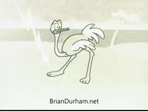 The still features a cartoon ostrich with a startled expression, set against a simplistic backdrop that suggests a disaster scenario, likely a natural disaster. The imagery employs humor to convey a serious message about disaster preparedness. The animation style is colorful and exaggerated, characteristic of public service announcements from the late 1960s.