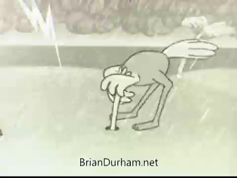 The still from the 1968 PSA 'If Disaster Strikes' features a cartoonish character resembling a bird with a long neck and legs. The character appears to be digging its head into the ground, seemingly oblivious to the stormy weather around it, including lightning and rain. The overall tone is humorous, emphasizing the absurdity of ignoring imminent danger.
