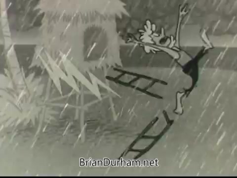 The still from the 1968 PSA 'If Disaster Strikes' features a cartoon character, depicted in a humorous and exaggerated style, struggling during a storm. He's shown slipping on a ladder, surrounded by heavy rain and lightning, conveying a message about the chaos and dangers of severe weather. The scene adds a comedic touch while highlighting the importance of preparedness in disaster situations.