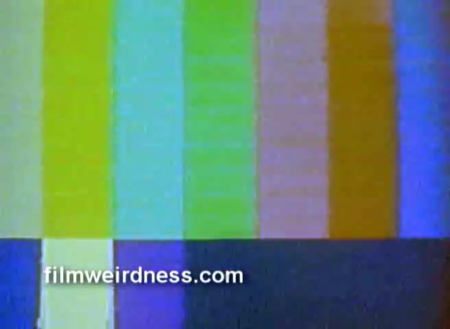 The still from the 16mm negative features a series of colored bars, likely used for color calibration or testing in film projection. The arrangement consists of vertical strips in various colors, including green, yellow, blue, and purple, forming a gradient pattern. This kind of image is commonly seen in technical components of television broadcasts rather than narrative content. The context suggests it follows a commercial for Barney's NY, indicating a transition to a more technical aspect of film production.
