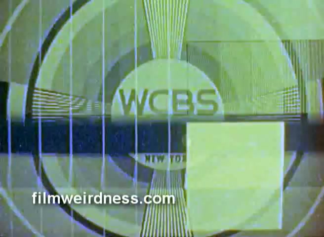 The still features the WCBS logo prominently, set against a geometric background that combines circular and linear patterns in muted colors. The design reflects the aesthetic typical of television broadcast identifications from the late 1960s to early 1970s, suggesting a transitional moment in programming. This particular still is likely from a segment of a commercial for Barney's New York, leading into a partial CBS Christmas story, capturing the vintage television era.