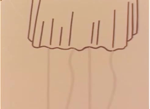 The still features a simple animated drawing of a skirt with a wave-like edge. Below the skirt, there are faint outlines of two legs. The style is minimalist, indicative of classic animation techniques. The background is a muted color, allowing the lines of the animation to stand out.
