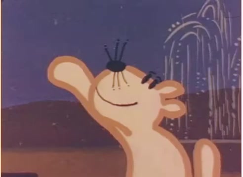 The still from the 16mm B-roll of Tee Collins' animation features a cartoon character with a simple, playful design. The character is a light-colored animal, possibly a cat or dog, extending its arm in a cheerful gesture. In the background, there are abstract shapes resembling water fountains, adding to the whimsical scene. The overall color palette includes soft, muted tones, typical of animation from that era, creating a nostalgic and lighthearted atmosphere.