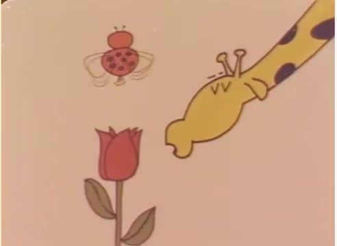 The still from 'Tee Collins Animation B-roll film - 1983' features a whimsical scene with a cartoon giraffe extending its long neck toward a red rose. Above the rose, a cartoon ladybug hovers, contributing to the playful and colorful animation style typical of children's programming like Sesame Street. The background is a simple, muted color that enhances the vibrant characters.