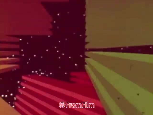 The still from 'Coffee Break' features vibrant geometric shapes and a dynamic color palette, creating an abstract animation. The use of angular patterns and contrasting colors suggests a playful and somewhat surreal aesthetic, typical of mid-century animation. The context likely ties into themes of leisure or relaxation associated with coffee breaks, but the specific advertising purpose remains unclear.