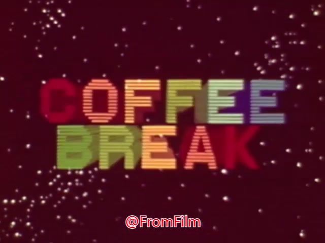 The still features colorful text that reads 'COFFEE BREAK' against a starry background. This type of animation is often seen in retro advertising or promotional materials aimed at encouraging short breaks during work. The vibrant colors and whimsical design suggest a playful approach, typical of mid-20th century animation styles. The exact context or specific product being advertised remains unclear.