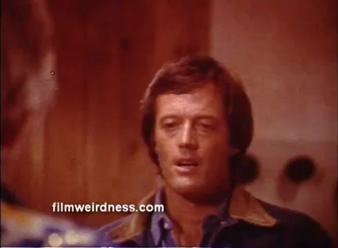 The still features a man with short, tousled hair and wearing a blue shirt with a collar. He appears to be in a conversation, exhibiting a concerned or intense expression. The background is composed of warm wooden tones, suggesting an intimate or personal setting, typical of the film's tone. The overall aesthetic reflects the era of the 1970s.