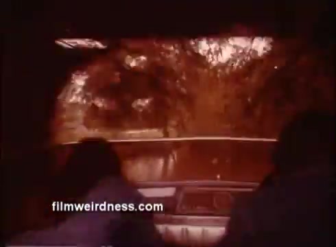 The still from the 'Outlaw Blues Trailer' features a view from inside a vehicle, focusing on the dashboard and the road ahead. The colors appear warm, possibly due to an orange or sepia tint. Two figures are seated in the front, with foliage and trees visible in the foreground, indicating they're driving through a wooded area. The overall scene conveys a sense of movement and adventure, characteristic of the film's themes.