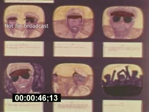 The 16mm still from 'Sixty Second Spot' captures storyboards for a 7-Up commercial, illustrating the development process from script to filming. The frames highlight characters, likely actors in sunglasses, set against a colorful, stylized background. Annotations and cues indicate the narrative flow and visual details, providing insight into the advertising creation process during the mid-1970s. The overall tone suggests a playful and vibrant approach typical of that era's advertising.