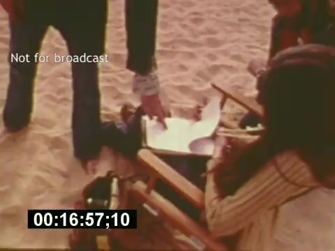 The still from 'Sixty Second Spot' captures a behind-the-scenes moment in the creation of a 7-Up commercial from the mid-1970s. It shows a group of crew members on a sandy location, with one person holding a script while others appear to be reviewing it, emphasizing the collaborative process of filming. The setting is casual, reflecting the era's filmmaking style, and the presence of a director's chair hints at the production's professionalism despite the informal atmosphere. The image conveys the effort involved in bringing a commercial to life.