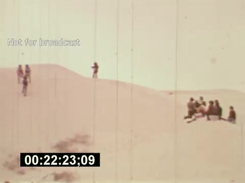 The still captures a scene from 'Sixty Second Spot,' showing a group of people gathered on a sandy dune, likely during the filming of a 7-Up commercial. Some individuals appear to be positioned on the slope, while others are seated, suggesting a relaxed atmosphere. The image is marked 'Not for broadcast,' indicating its use for production purposes. The timecode at the bottom indicates it's from a specific moment in the film, emphasizing its role in documenting the commercial's creation process in the mid-1970s.