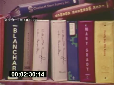 The 16mm still from 'Sixty Second Spot' captures a collection of colorful binders on a shelf, hinting at the planning and development process of a 7-Up commercial from the mid-1970s. Each binder likely contains scripts, notes, or casting information, emphasizing the structured approach to commercial creation. The scene conveys the behind-the-scenes effort that goes into producing advertisements, leading up to the final presentation of the commercial at the film's conclusion.