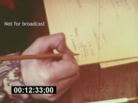 This 16mm still from 'Sixty Second Spot' captures a moment in the creation of a 7-Up commercial, showcasing a hand writing notes on yellow paper. The scene, likely from the mid-1970s, illustrates the meticulous planning behind the commercial, emphasizing the script development stage. The timestamp indicates it occurs at 12:33 into the film, with a 'Not for broadcast' label suggesting it's behind-the-scenes footage. The overall focus is on the creative process involved in advertising.