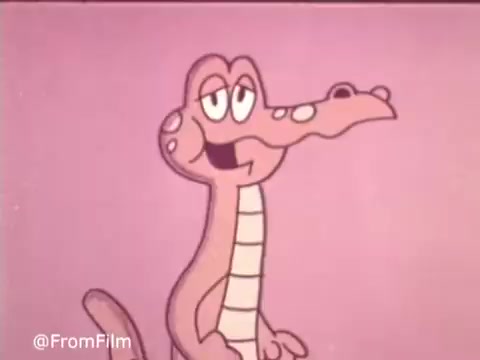 The still features a cartoon alligator, animated in a playful style, against a light pink background. The character has a friendly expression, with wide eyes and a slight smile, showcasing the vibrant and whimsical design typical of 1970s advertising. This imagery likely emphasizes fun and approachability, appealing to families for Baggies Storage Bags.   .