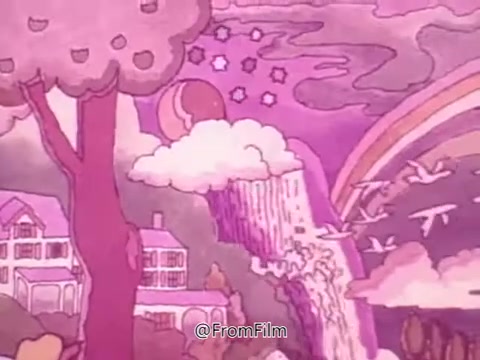 The still from the 1969 animated PSA by the American Cancer Society features a whimsical, pink-hued landscape. Soft, cartoonish trees and houses are set against a backdrop of clouds, a vibrant rainbow, and stylized birds in flight. A waterfall cascades from the clouds, adding a sense of movement and vitality to the scene. The overall aesthetic is cheerful and inviting, reinforcing the message of positivity and health.