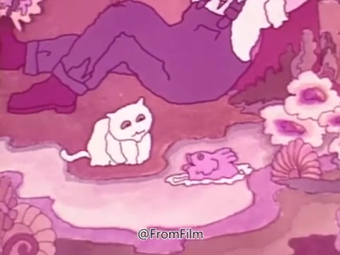 The still from the 1969 animated PSA features a whimsical scene with a white cat sitting beside a pink fish lying on a surface, surrounded by colorful flora. The imagery employs soft, pastel colors, contributing to a lighthearted yet impactful visual message. The voice-over by Gene Wilder underscores the importance of personal health checkups and community support.