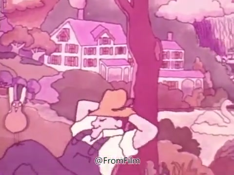 The still from the 1969 animated PSA features a colorful, whimsical landscape with a character relaxing under a tree, dressed in overalls and a cowboy hat. In the background, a quaint house and lush scenery set a peaceful tone. The animation style is playful, reflecting the message of self-care and community support in health. Gene Wilder's voice-over adds a charming touch to the uplifting call for checkups and charitable giving.