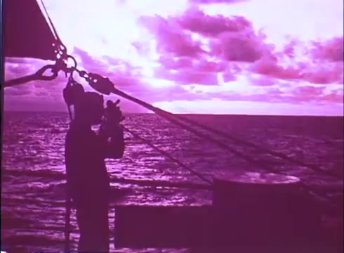 The still from 'Scandalous John' features a silhouetted figure standing on a boat, holding a camera or similar device, against a backdrop of a serene sea and a dramatic sky with clouds. The color is predominantly purple, creating a moody and atmospheric effect, indicative of the film's promotional style. The scene captures a sense of adventure and nostalgia, aligning with the film's themes.