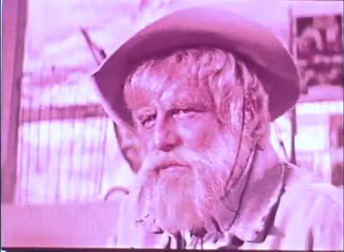 This still from 'Scandalous John' features a close-up of an elderly man with a bushy white beard and longer hair, wearing a wide-brimmed hat. His expression is serious, suggesting depth of character. The image has a distinctive pink tint, likely due to the 16mm print’s color degradation or specific film processing. In the background, there are hints of an outdoor setting, possibly indicating a western theme typical of the film's genre.