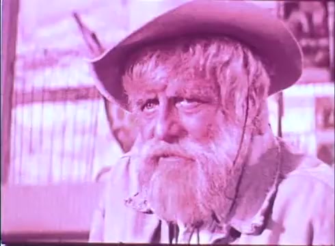 The still features a rugged, older man with a thick white beard wearing a wide-brimmed hat. He has deep-set eyes and appears thoughtful or contemplative. The image has a vintage quality and a warm, pinkish tint, characteristic of a 16mm print. The background suggests a rustic setting, enhancing the character's earthy demeanor.