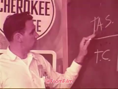 The still from the 'Civil Air Patrol PSA with James Stewart' shows a man in a light-colored shirt standing in front of a chalkboard. He is writing out terms, likely related to aviation, such as 'T.A.S.' and 'T.C.' The background includes a sign that reads 'Cherokee State,' suggesting a location or context related to aviation or training. The overall tone appears educational, emphasizing the importance of aviation knowledge within the Civil Air Patrol.