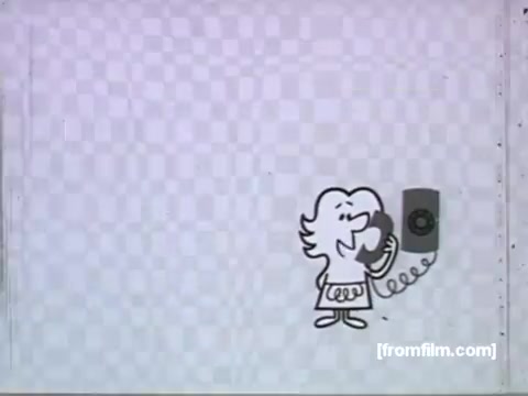 The still features a simple, stylized animated character, depicted in black and white, joyfully using a Bell telephone. The background is a light checkerboard pattern, emphasizing the character and the phone, which is depicted with a coiled cord. The overall aesthetic reflects the clean, minimalistic style typical of 1950s UPA animation, linking it to the era's advertising for AT&T and Bell products.