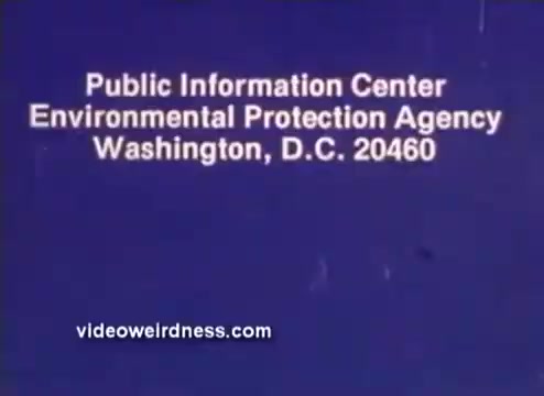 The 16mm still features a blue background with white text. It displays information about the Public Information Center of the Environmental Protection Agency, including its location in Washington, D.C. The format suggests it is part of a public service announcement from the 1970s focused on environmental issues.