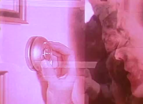 The still features a hand adjusting a thermostat on a wall, emphasizing energy conservation. The background appears slightly blurred, suggesting a domestic setting. The color tone leans towards a vintage look, likely to highlight the retro nature of the public service announcement. The overall focus on the thermostat indicates a message about efficient energy usage in homes.