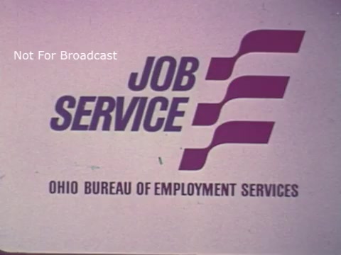 The still features the logo for 'Job Service,' highlighting the Ohio Bureau of Employment Services. It includes bold purple text and a stylized graphic design. The message is intended for a public service announcement from 1975, focusing on job assistance and employment resources.