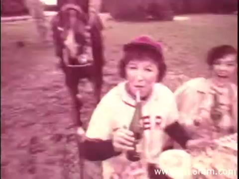 The still from the Canada Dry commercial features a picnic scene where individuals enjoy food and drink. A woman in a baseball-style shirt holds a green bottle of Canada Dry, smiling at the camera. Two others are nearby, adding to the casual, festive atmosphere, possibly indicating a jovial gathering. The background includes natural elements, hinting at an outdoor setting. The overall tone appears light-hearted and inviting, typical of beverage commercials.