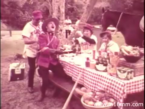 The still from the Canada Dry commercial features a picnic scene with several characters, including Robert Strauss, dressed in a red coat. They are gathered around a table with a checkered tablecloth, enjoying food and beverages. The atmosphere is jovial and relaxed, with a horse visible in the background, suggesting a rural setting. The overall mood conveys a sense of fun and camaraderie, typical of outdoor gatherings.