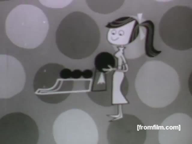 The still features a simple, stylized animated character with a happy expression, standing in front of a backdrop of large, colorful polka dots. She holds a large round object, likely representing sugar, while next to her is a smaller animated object resembling a container or bowl. The design style is characteristic of 1950s animation, embodying a playful and cheerful aesthetic typical of UPA's work.