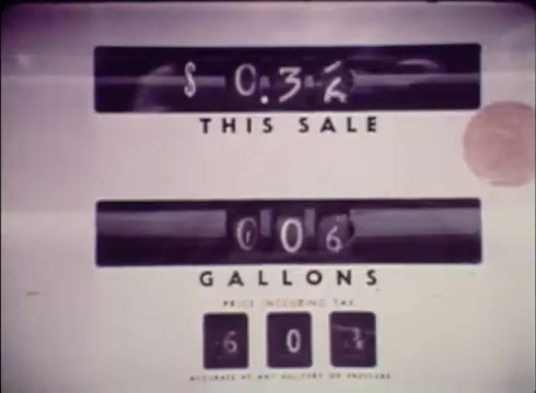 The still features a vintage gas station pump with a readout indicating a sale price of $0.34 and a quantity of 0.06 gallons. The bottom section lists 'price including tax' and shows a total of $0.67. This imagery likely evokes the economic context and the focus on job services within the commercial for the Colorado Division of Employment. The style reflects a period when gas prices were significantly lower, enhancing its nostalgic feel.