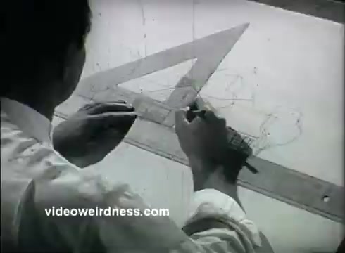 The still from 'Kaiser Aluminum - The Bright Idea' features a person's hands working meticulously on a drawing or design using a straightedge and pencil. The composition emphasizes craftsmanship and precision, highlighting the creative process in utilizing Kaiser Aluminum for practical applications. This aligns with the theme of 'better living at lower cost,' showcasing the material's versatility and value.