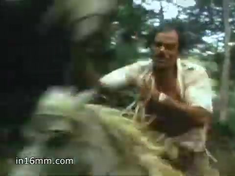 The still from the 1980 Peace Corps Public Service Announcement depicts a man riding a horse through a dense, natural landscape. He appears focused and determined, embodying the slogan 'The toughest job you'll ever love.' The setting suggests a rural or jungle environment, highlighting the challenges and adventures associated with Peace Corps service. The image captures a sense of action and commitment typical of the organization’s outreach efforts.